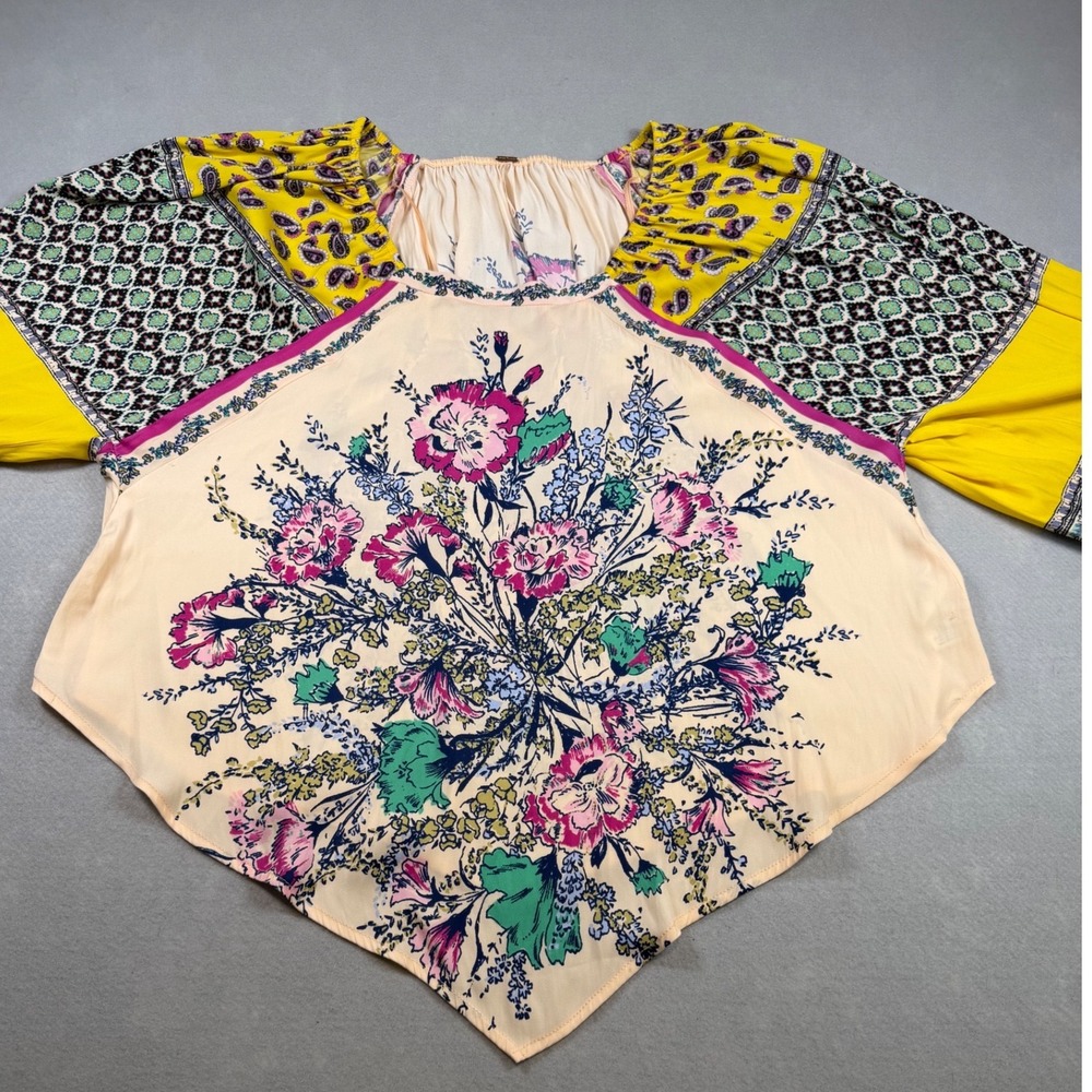Free People Mixed Print Floral Paisley Handkerchief Hem Blouse XS Multi-Color
